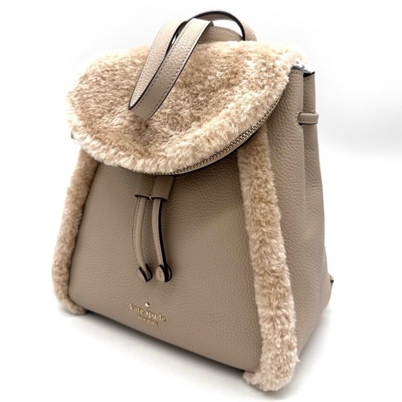 Kate Spade Medium Flap Fur Faux Shearling Backpack Tan - Picture 4 of 10